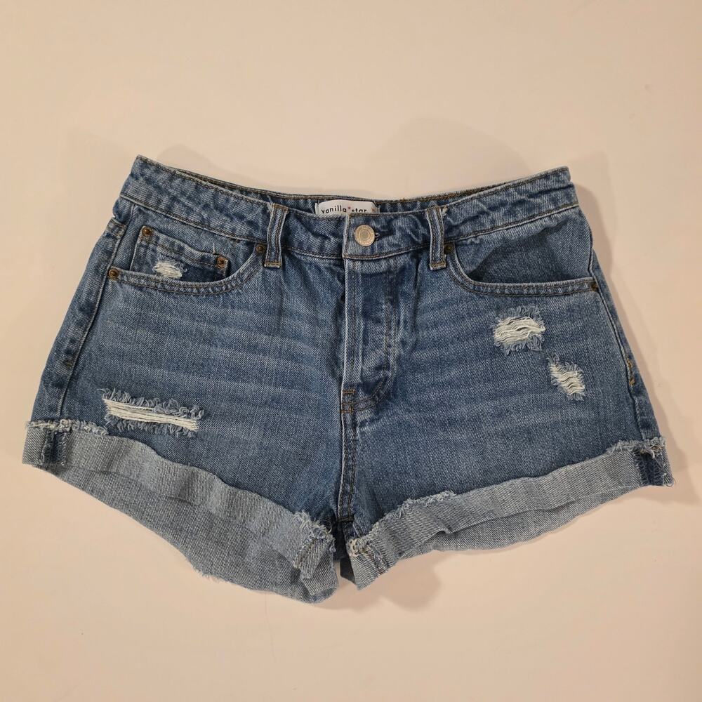 Vanilla Star Size 3 Denim Shorts 2" Inseam Roll Hem Button-Fly Distressed Cutoff